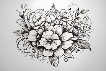 Fototapeta premium Black and white sketch of beautiful flowers on a white background. 