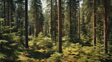 Fototapeta premium Sunlight Filtering Through a Dense Pine Forest