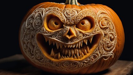 Prepare to be amazed by this intricately carved Halloween pumpkin! The detailed patterns and scary expression make this jack-o'-lantern a true work of art. Get inspired for your own pumpkin carving