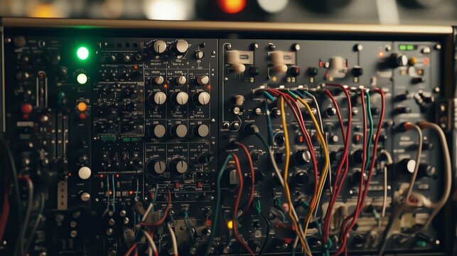 Close-up of a vintage analog synthesizer with a variety of colorful cables and illuminated knobs in a studio.