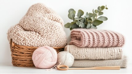 A warm and inviting display features knitting tools, a basket of yarn, and a light beige knitted pile, complemented by a green plant for a cozy atmosphere