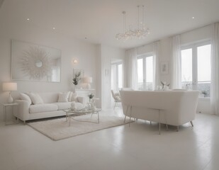 A white living room with a white couch, a white coffee table, and white chairs