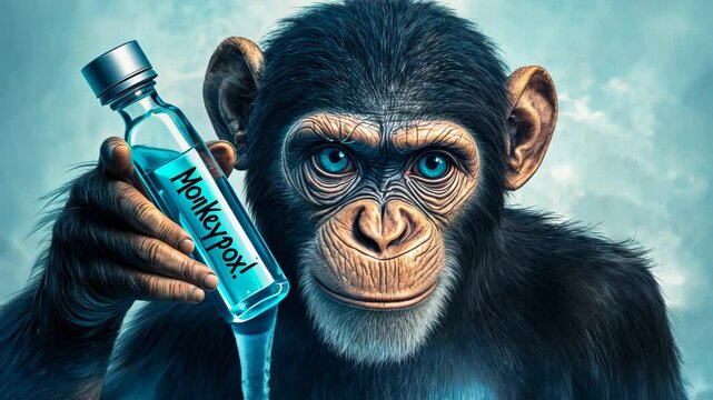 A monkey displays a blue vaccine bottle in a dynamic setting with splashing water.