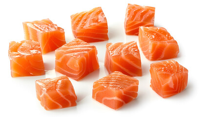 Salmon slices isolated on white background with clipping path, cubes of red fish, ingredient for sushi or salad