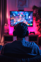 Gamer in a gaming room playing on a large screen with neon lighting