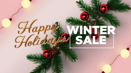 Special offer, Christmas sale, beautiful discount banner with Christmas decorations and text "Happy holidays". AI banner