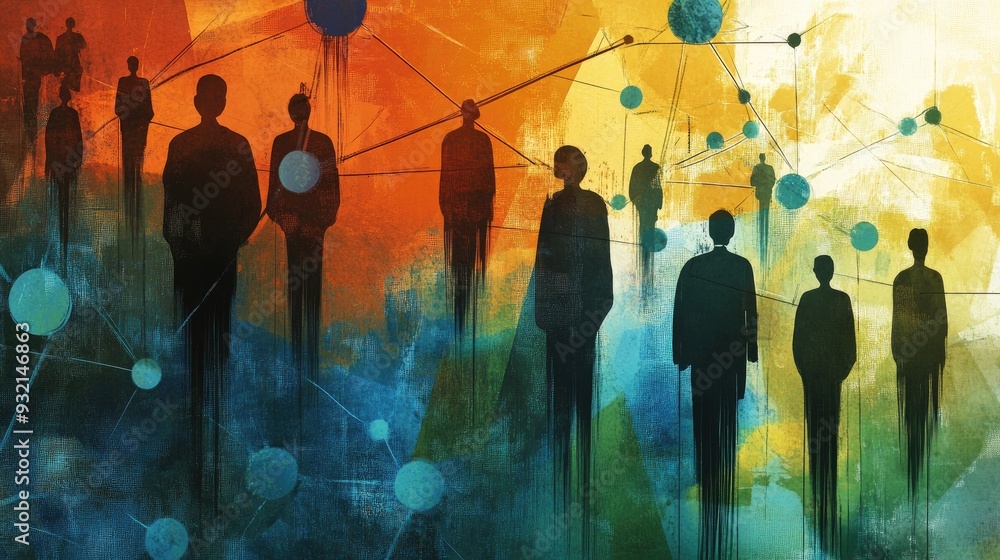 Poster 2d illustration depicting a network community concept using mixed media techniques