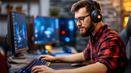 Gamer in a gaming room playing on a large screen with neon lighting