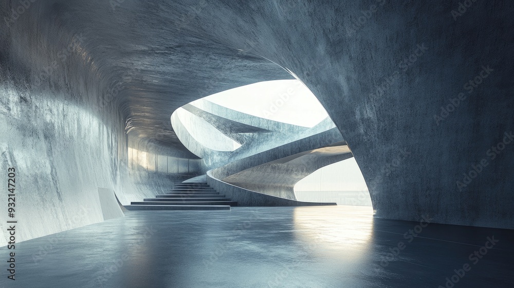 Poster 3d rendering of an abstract futuristic architectural design featuring a concrete floor