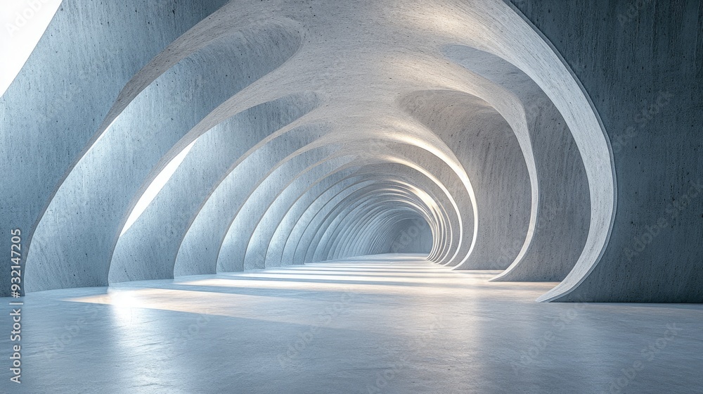 Poster 3d rendering of an abstract curved structure in a futuristic architectural design featuring a spacio