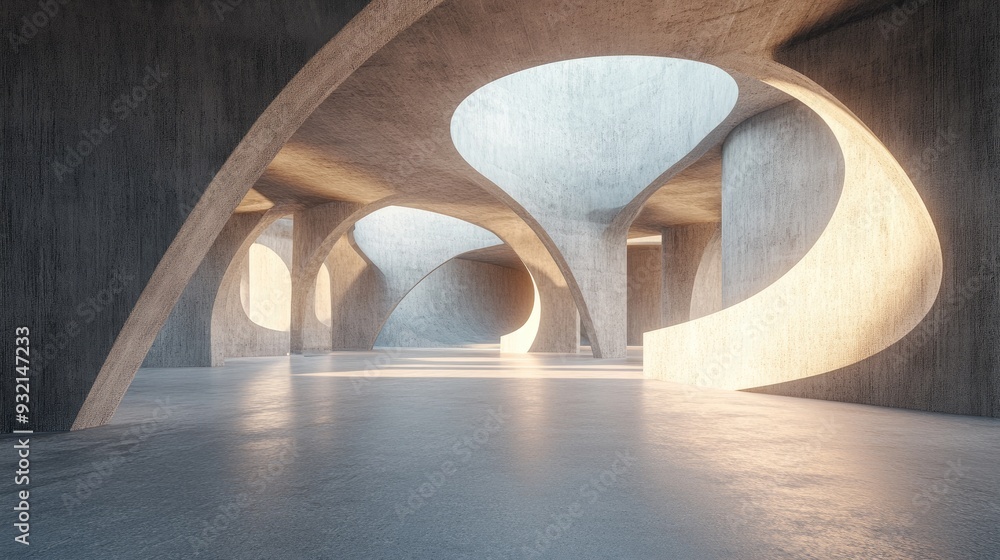 Poster 3d rendering of an abstract geometric structure featuring a modern architectural design and an open 