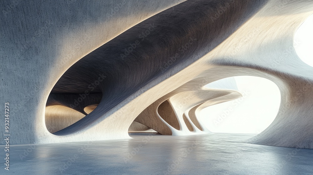 Poster 3d rendering of an abstract wavy futuristic structure featuring a concrete floor