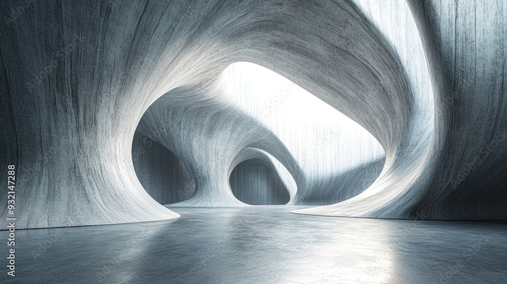 Poster 3d rendering of an abstract wavy futuristic structure featuring a concrete floor