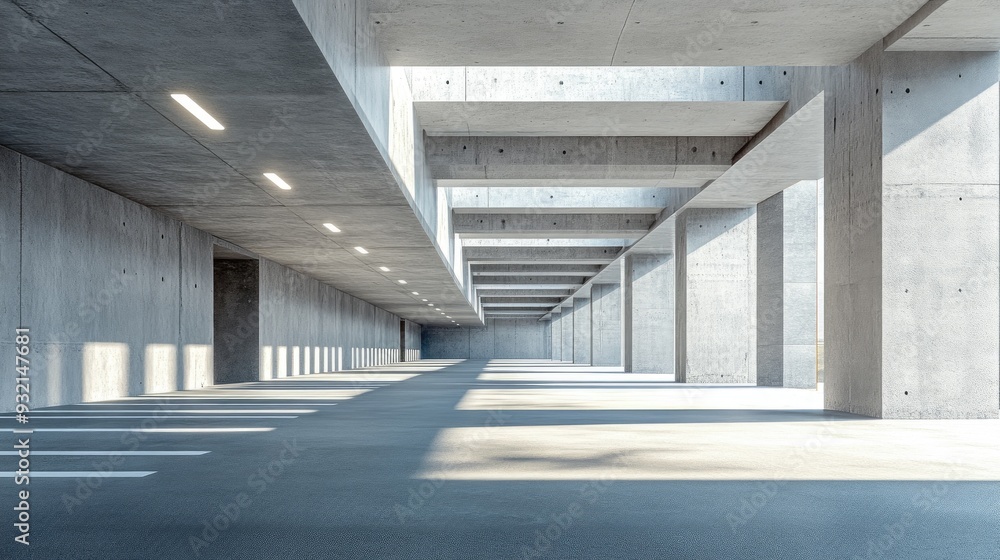 Poster abstract architectural design featuring a modern building with a vacant parking area floor and concr