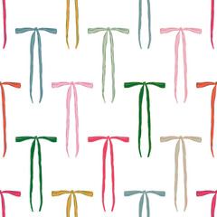 Seamless pattern with colorful ribbon bow. Cute hand drawn illustration