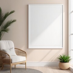 close up white poster frame in modern home interior with light colored paper texture wall, wall mockup, 3d rendering