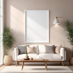 close up white poster frame in modern home interior with light colored paper texture wall, wall mockup, 3d rendering