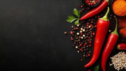 Fresh red chili pepper, garlic, and spices arranged on a black textured surface