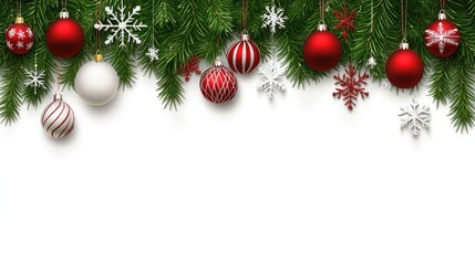 A vibrant Christmas garland with red baubles and pine branches creates a festive border for any holiday greeting or decoration