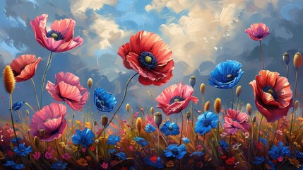 Vibrant poppy field in full summer bloom