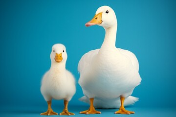 Mother duck one baby against teal background white adult picture