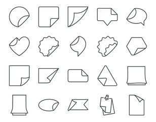 Vector sticker icons with folded corners. Paper labels folded pages symbols. Editable stroke thin line black set. Stickers of different shapes: round rectangular oval with flat and wavy edges.