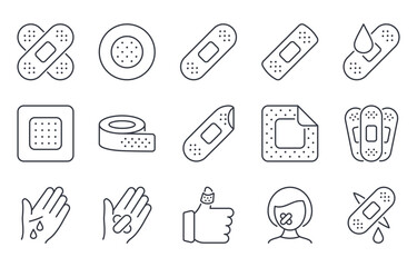 Vector icons medical bandage. Adhesive tape for treatment of light skin cuts, postoperative sutures. Band-aid for skin injuries and wounds. Editable stroke thin line black set. Stock illustration.