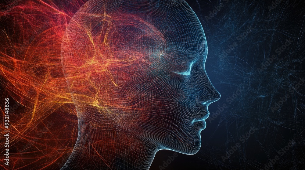 Poster abstract design featuring the contours of a human head intertwined with technological and fractal el