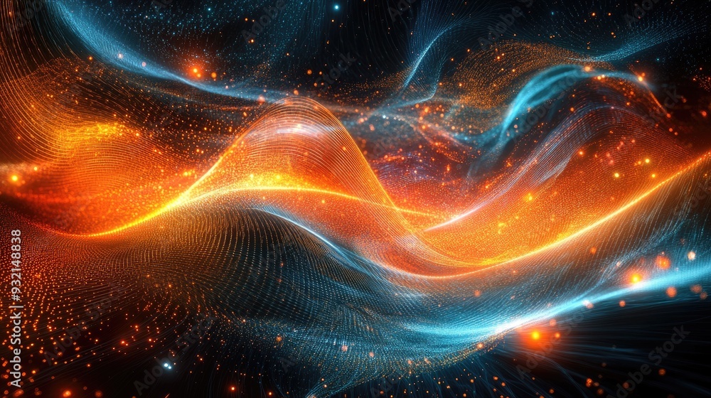 Poster abstract design featuring sine waves and luminous elements exploring themes of science technology an