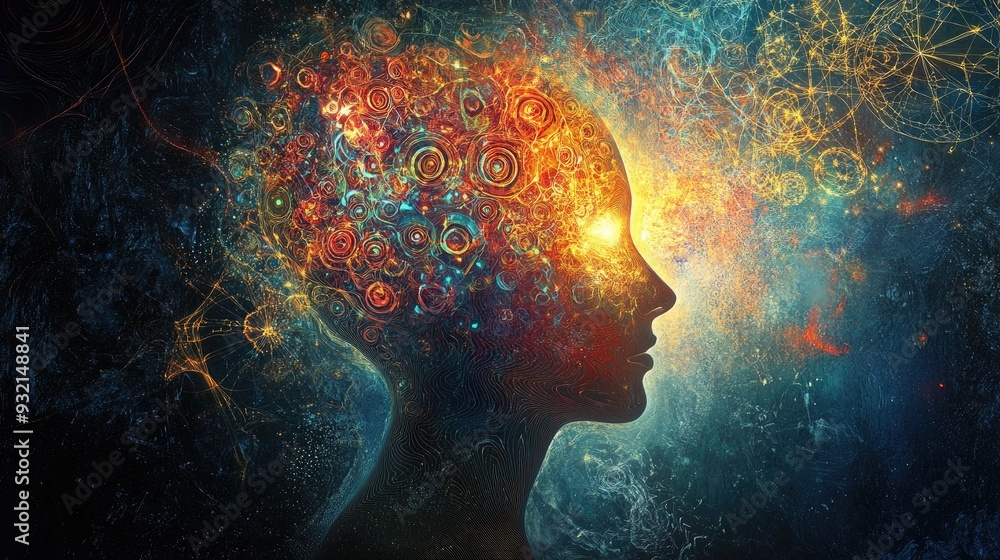 Poster abstract design featuring human head outlines illuminated elements and fractals symbolizing themes o