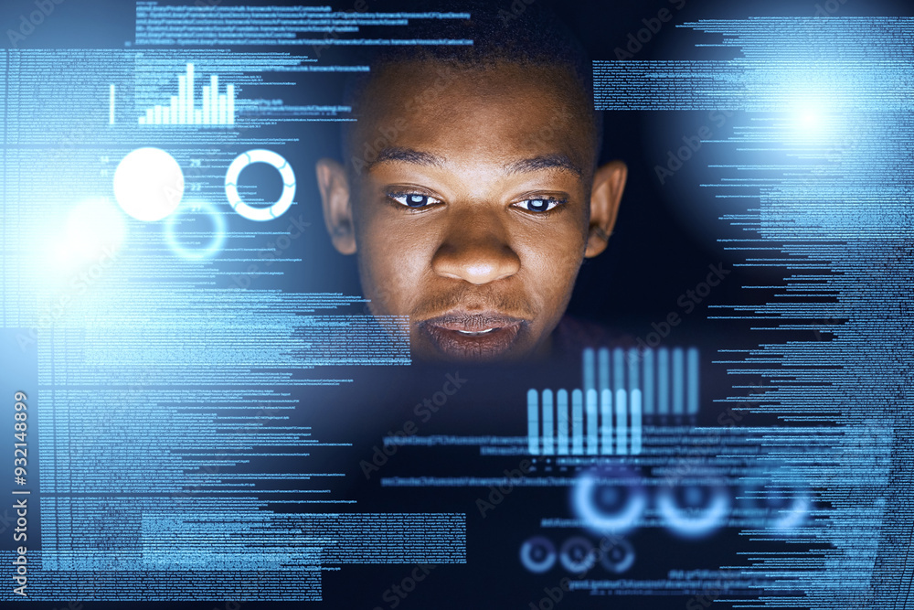 Poster black man, data and analytics with hologram for future development, statistics or dashboard. young a