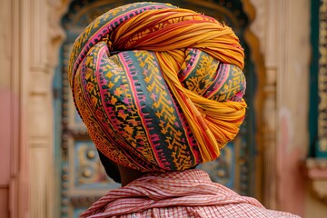A close up of a person wearing a turban
