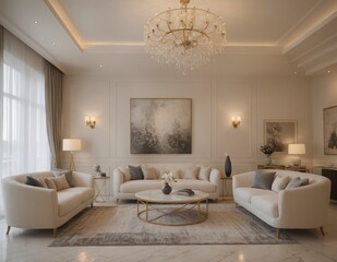 A large, open living room with a chandelier hanging from the ceiling