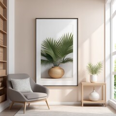 close up white poster frame in modern home interior with light colored paper texture wall, wall mockup, 3d rendering