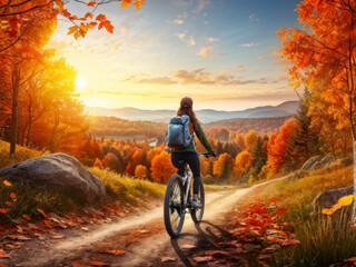 Sunset Ride: Adventurous Woman Cycling through Autumn Forest. Colorful landscape with sporty girl with backpack riding a mountain bike, dirt road, trees with orange leaves in fall. generative AI
