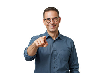 Smiling Confident Man in Glasses Wearing Blue Shirt Points Forward with Positive Attitude on White Background, Encouraging Engagement and Connection, Radiating Trust and Approachability