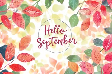 "Hello September" brush illustration of beautiful red and pink leaves on the background with yellow blurred foliage Generative AI