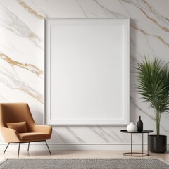 white poster frame close up in modern house interior with light colored marble textured wall, wall mockup, 3d rendering