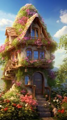 Fototapeta premium A small house covered in flowers and vines, with a garden of flowers in front.