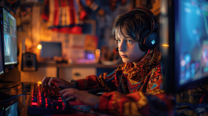 Fototapeta premium Gamer in a gaming room playing on a large screen with neon lighting