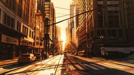 Obraz premium Street of a noisy city at sunset. The sun sets in the background, bathing the scene in a warm light. The street is filled with cars and buses, and there are tall buildings on both sides of the road.