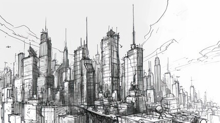 Futuristic cityscape in black and white. The city has many tall buildings with pointed roofs.