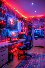 Gamer in a gaming room playing on a large screen with neon lighting