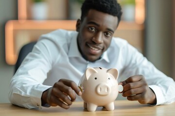 Man inserting coin into piggy bank on a wooden desk