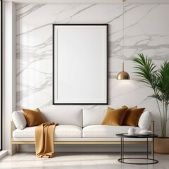 white poster frame close up in modern house interior with light colored marble textured wall, wall mockup, 3d rendering