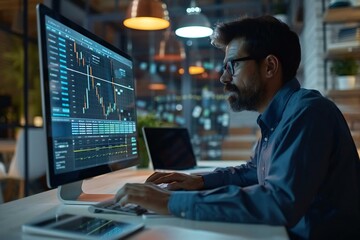 Businessman Reviewing Gantt Chart on Laptop at Work Desk