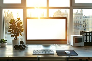 Cleared Desktop Computer with Vacant Monitor Display