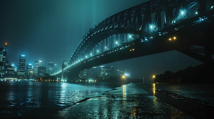 Obraz premium A bridge over a city with lights shining on it