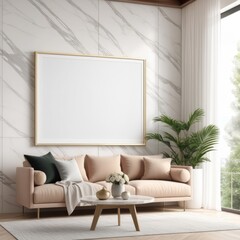 white poster frame close up in modern house interior with light colored marble textured wall, wall mockup, 3d rendering