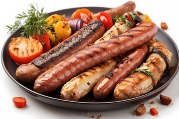 Roasted bavarian sausages, isolated on white background
